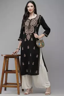 Women Hand Embroidered Trending Black Cotton Lucknow Chikankari Kurta