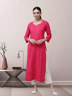 Women Hand Embroidered Magenta Georgette Lucknowi Chikankari Kurta 1