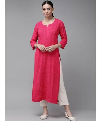 Women Hand Embroidered Magenta Georgette Lucknowi Chikankari Kurta 2