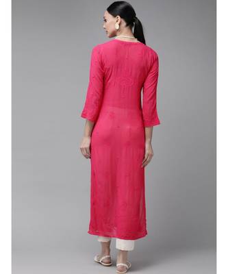 Women Hand Embroidered Magenta Georgette Lucknowi Chikankari Kurta 3