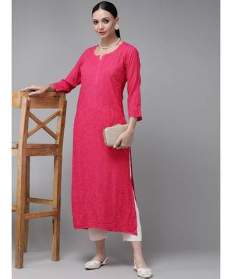 Women Hand Embroidered Magenta Georgette Lucknowi Chikankari Kurta 4