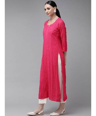 Women Hand Embroidered Magenta Georgette Lucknowi Chikankari Kurta 5