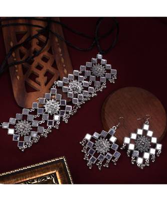 Shimmery Square Mirror Oxidised Choker Set 1