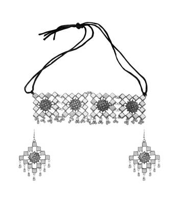 Shimmery Square Mirror Oxidised Choker Set 2