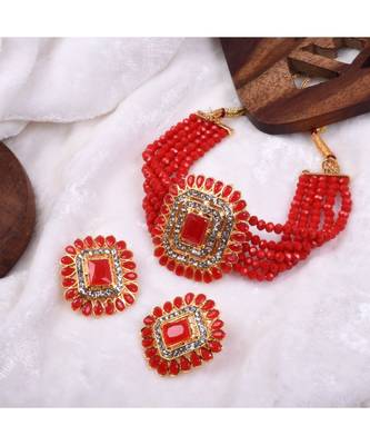 Red Stone Studded Pearl Choker Set 1