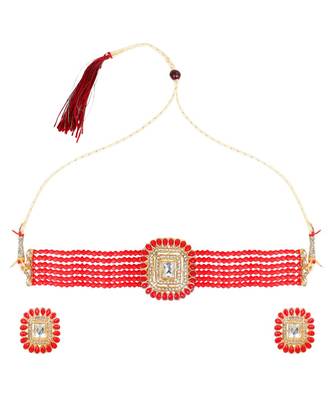 Red Stone Studded Pearl Choker Set 2