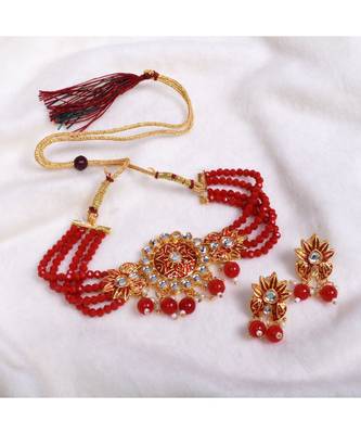 Red Pearl and Stone Embedded Choker Set 1