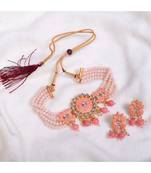 Peach Pearl and Stone Embedded Choker Set