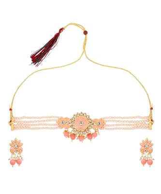 Peach Pearl and Stone Embedded Choker Set 2