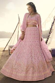 Pink thread embroidered with foil mirror organza Semi Stitched bridal lehenga