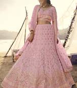 Pink thread embroidered with foil mirror organza Semi Stitched Bridal Lehenga choli for wedding