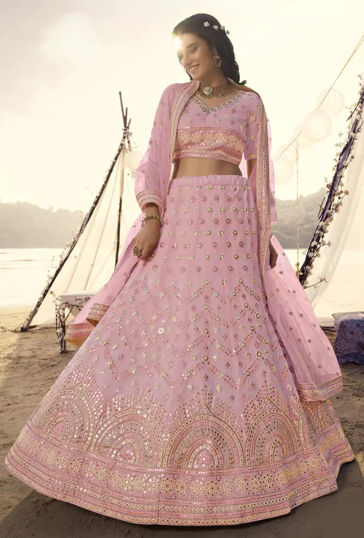 Pink thread embroidered with foil mirror organza Semi Stitched bridal lehenga