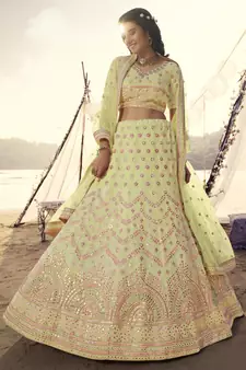 Light Yellow thread embroidered with foil mirror organza Semi Stitched bridal lehenga