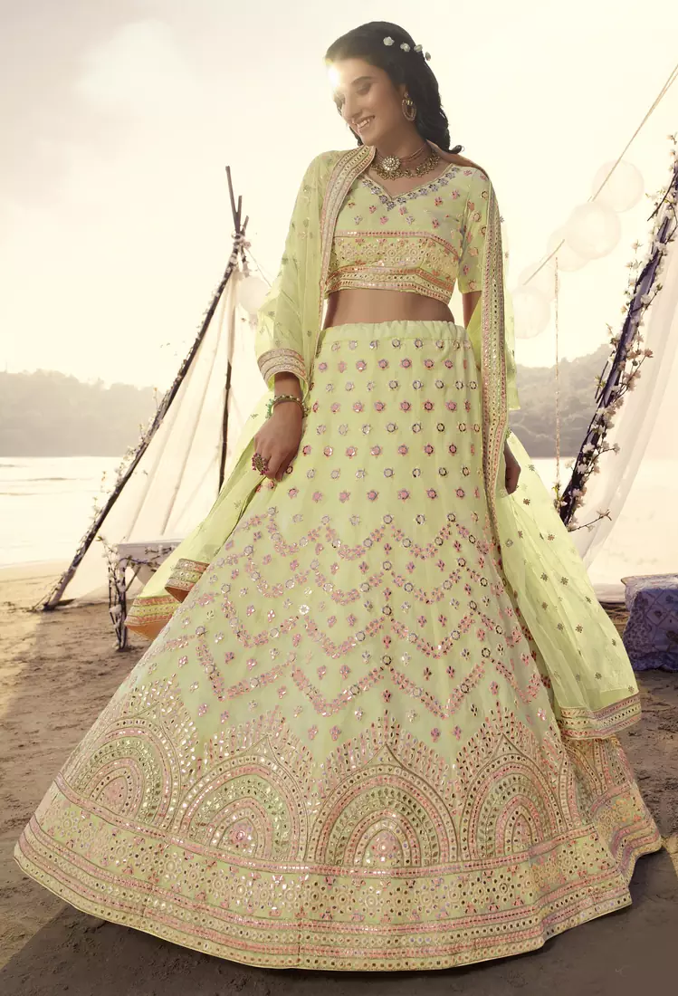 Light Yellow thread embroidered with foil mirror organza Semi Stitched bridal lehenga