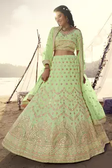 Perrot Green thread embroidered with foil mirror organza Semi Stitched bridal lehenga