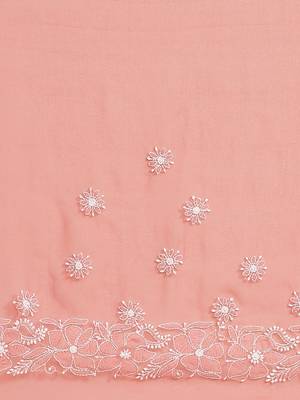 Hand Embroidered Carrot Pink Faux Goergette Lucknow Chikankari Women Saree With Blouse 9