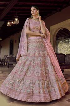 Pink zari and resham embroidered georgette semi stitched wedding lehenga