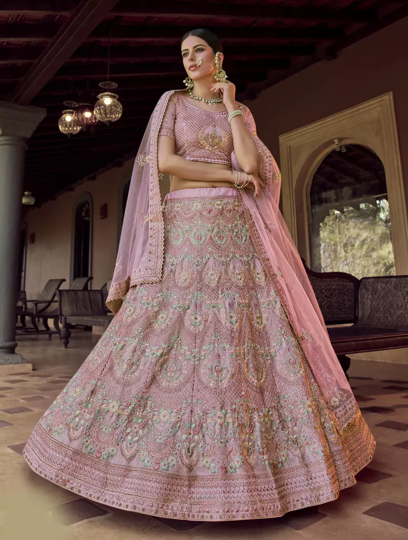 Pink zari and resham embroidered georgette semi stitched wedding lehenga