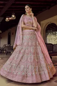 Pink zari and resham embroidered georgette semi stitched wedding lehenga
