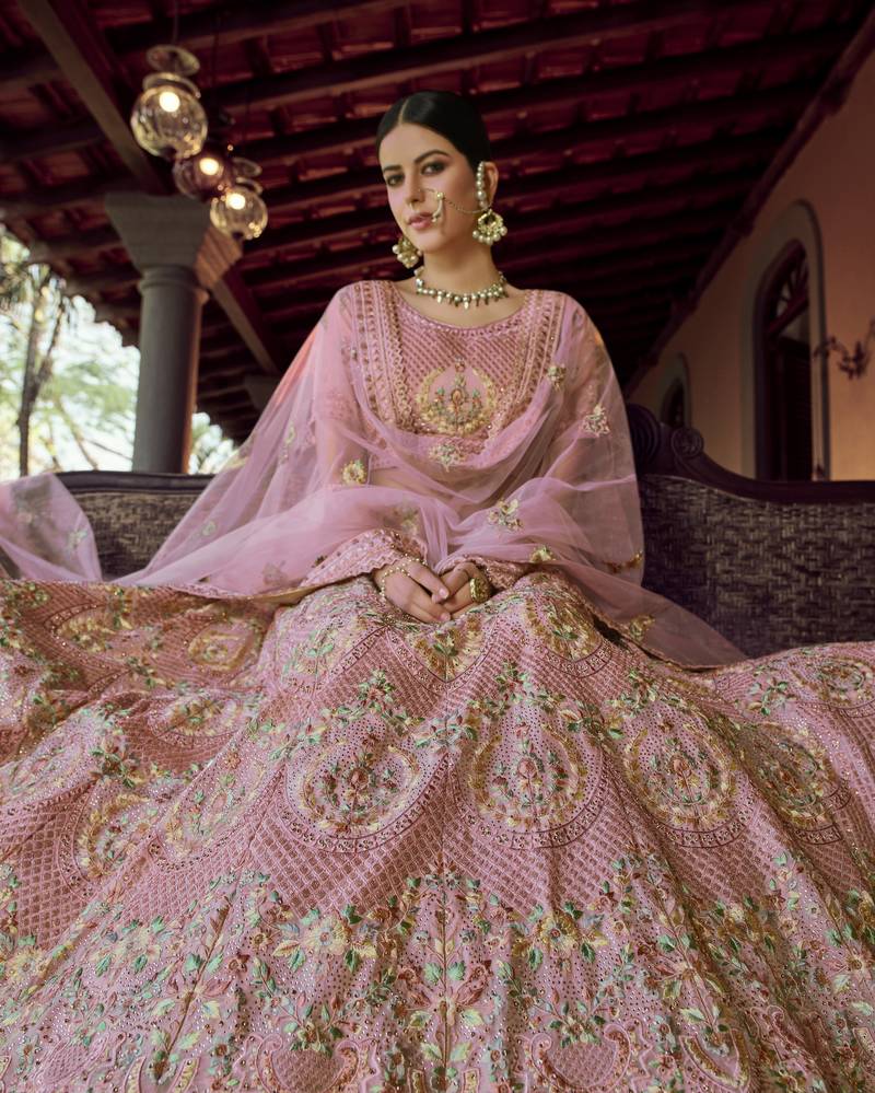 Pink zari and resham embroidered georgette Semi Stitched Lehenga choli for wedding