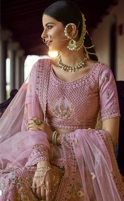 Pink zari and resham embroidered georgette Semi Stitched Lehenga choli for wedding 3