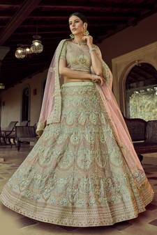 Green Sequins, zari and resham embroidered georgette semi stitched wedding lehenga