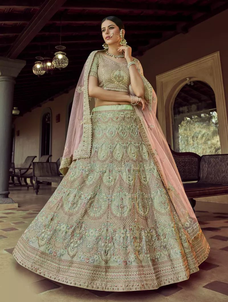 Green Sequins, zari and resham embroidered georgette semi stitched wedding lehenga