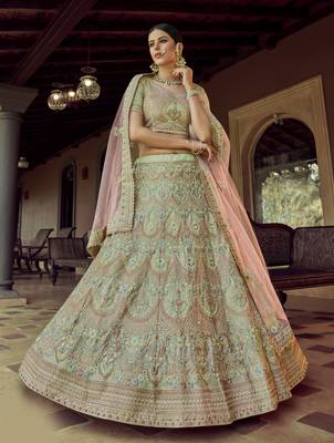 Green Sequins, zari and resham embroidered georgette Semi Stitched wedding Lehenga 1