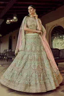 Green Sequins, zari and resham embroidered georgette semi stitched wedding lehenga