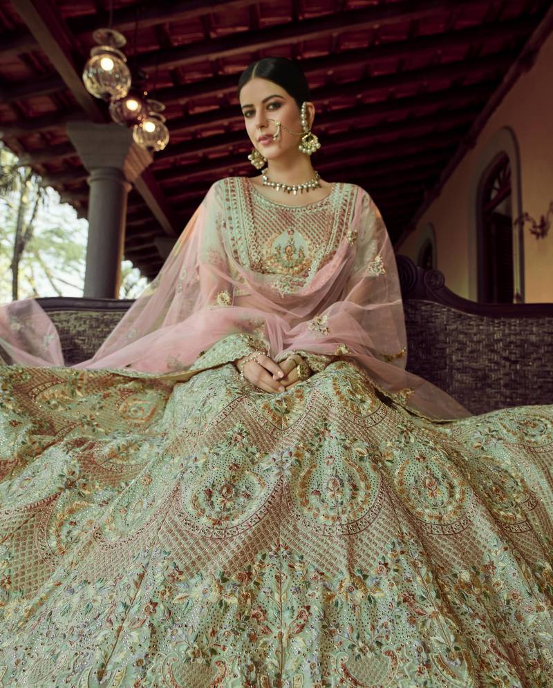 Green Sequins, zari and resham embroidered georgette Semi Stitched wedding Lehenga