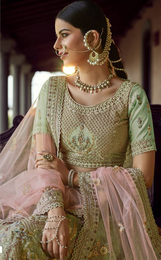 Green Sequins, zari and resham embroidered georgette Semi Stitched wedding Lehenga