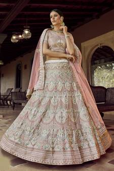 Off-white sequins, zari and resham embroidered georgette semi stitched wedding lehenga