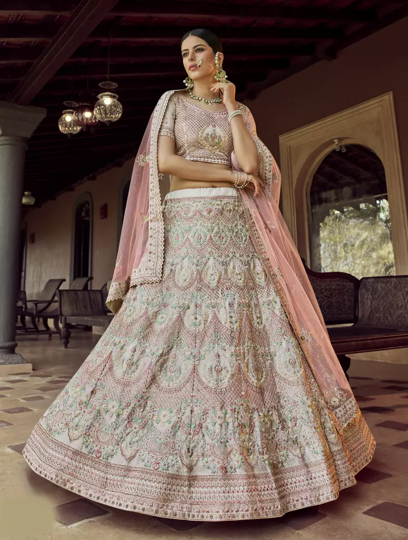 Off-white sequins, zari and resham embroidered georgette semi stitched wedding lehenga