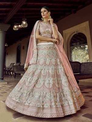 Off-white sequins, zari and resham embroidered georgette Semi Stitched wedding Lehenga 1