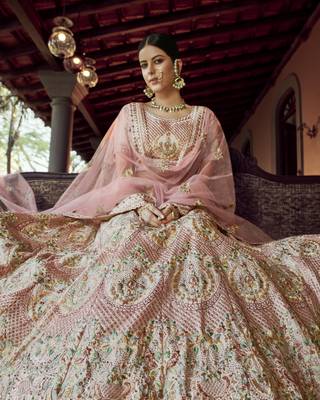 Off-white sequins, zari and resham embroidered georgette Semi Stitched wedding Lehenga 2