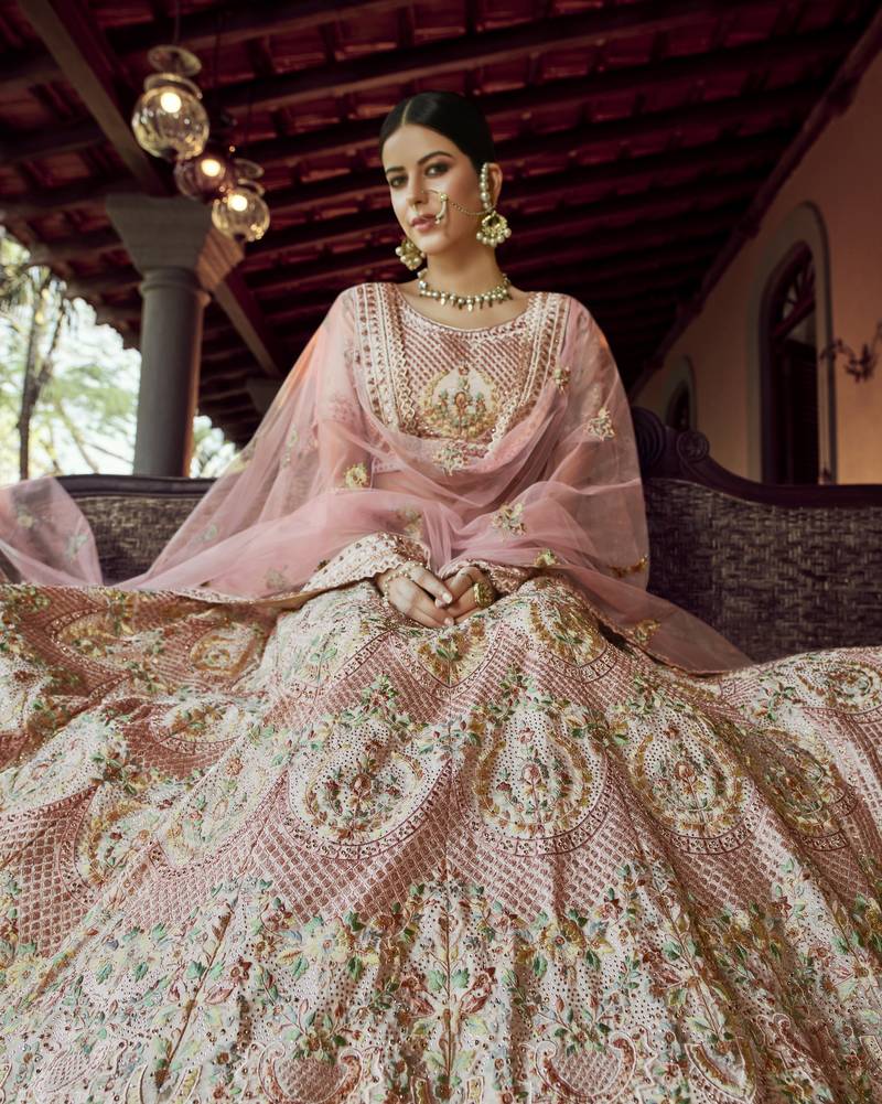 Off-white sequins, zari and resham embroidered georgette Semi Stitched wedding Lehenga