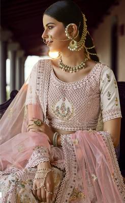 Off-white sequins, zari and resham embroidered georgette Semi Stitched wedding Lehenga 3
