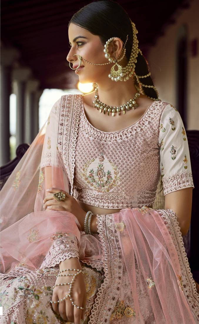 Off-white sequins, zari and resham embroidered georgette Semi Stitched wedding Lehenga