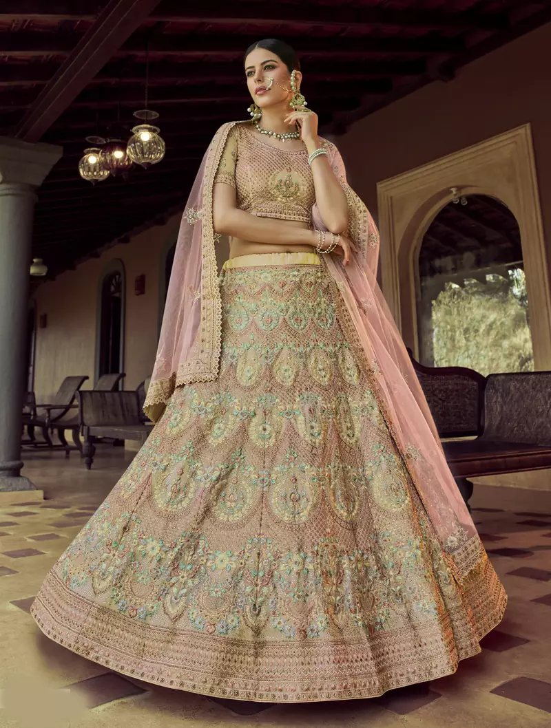 Yellow zari and resham embroidered georgette semi stitched wedding lehenga