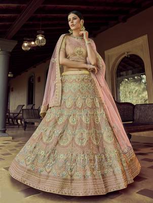 Yellow zari and resham embroidered georgette Semi Stitched Party Wear Lehenga Choli 1