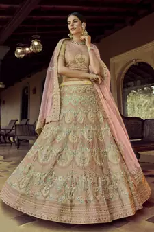 Yellow zari and resham embroidered georgette semi stitched wedding lehenga