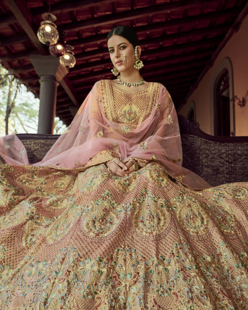 Yellow zari and resham embroidered georgette Semi Stitched Party Wear Lehenga Choli