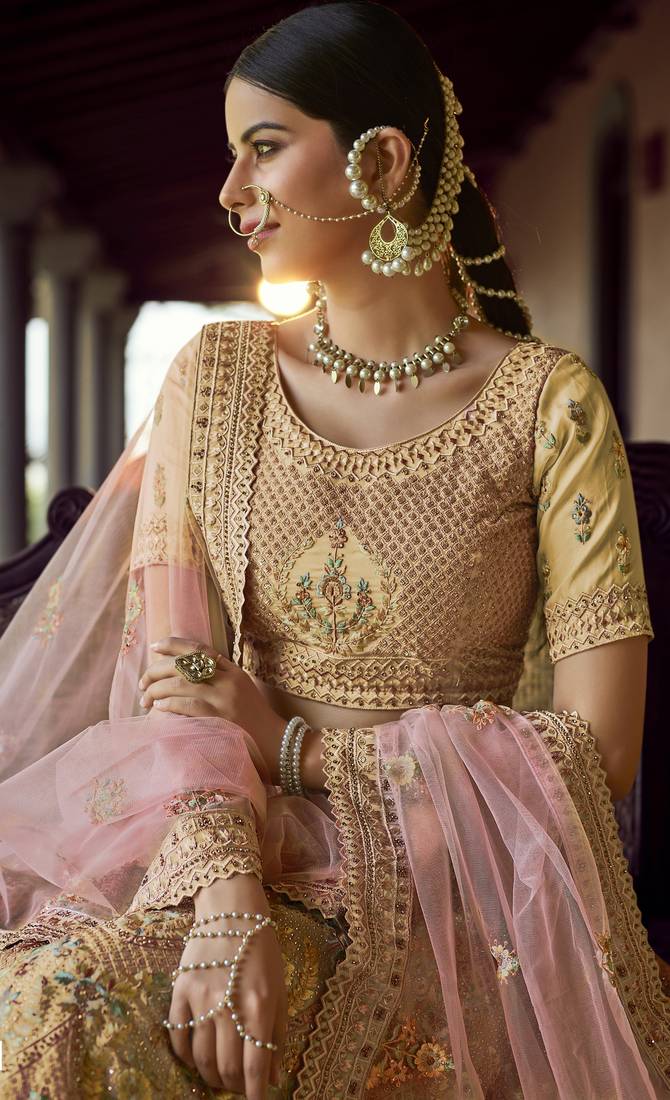 Yellow zari and resham embroidered georgette Semi Stitched Party Wear Lehenga Choli