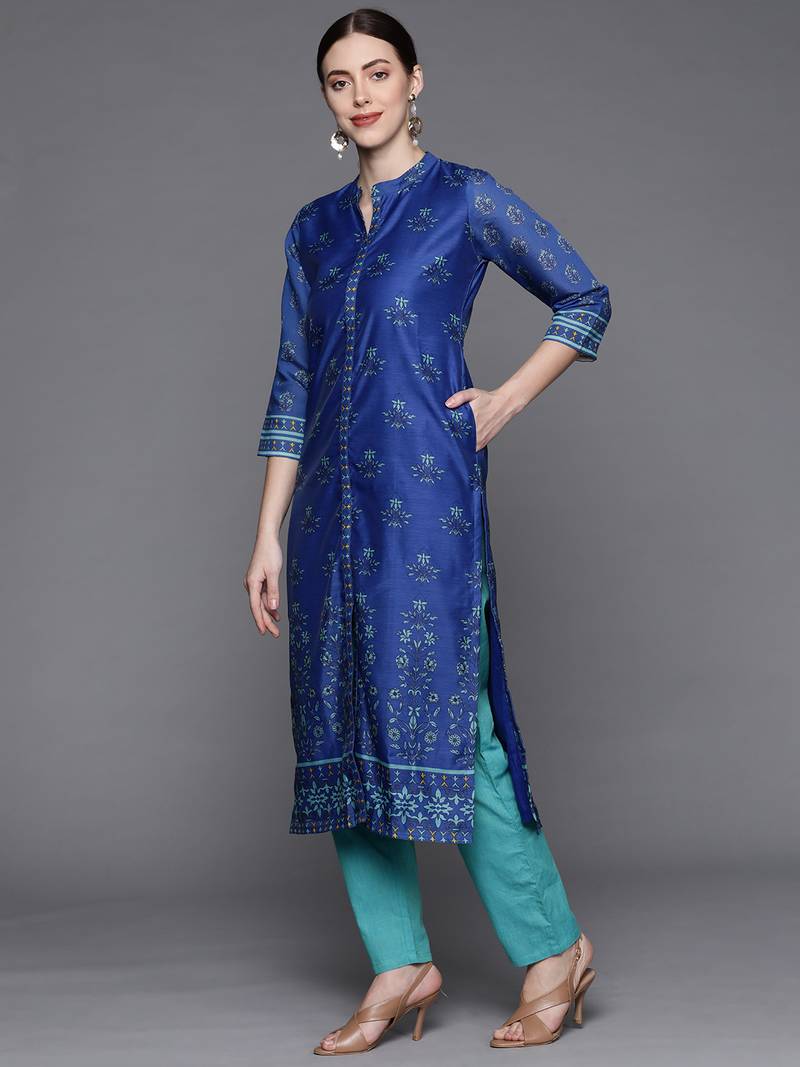 Pinksky Women's Blue Chanderi Kurta Pant Set