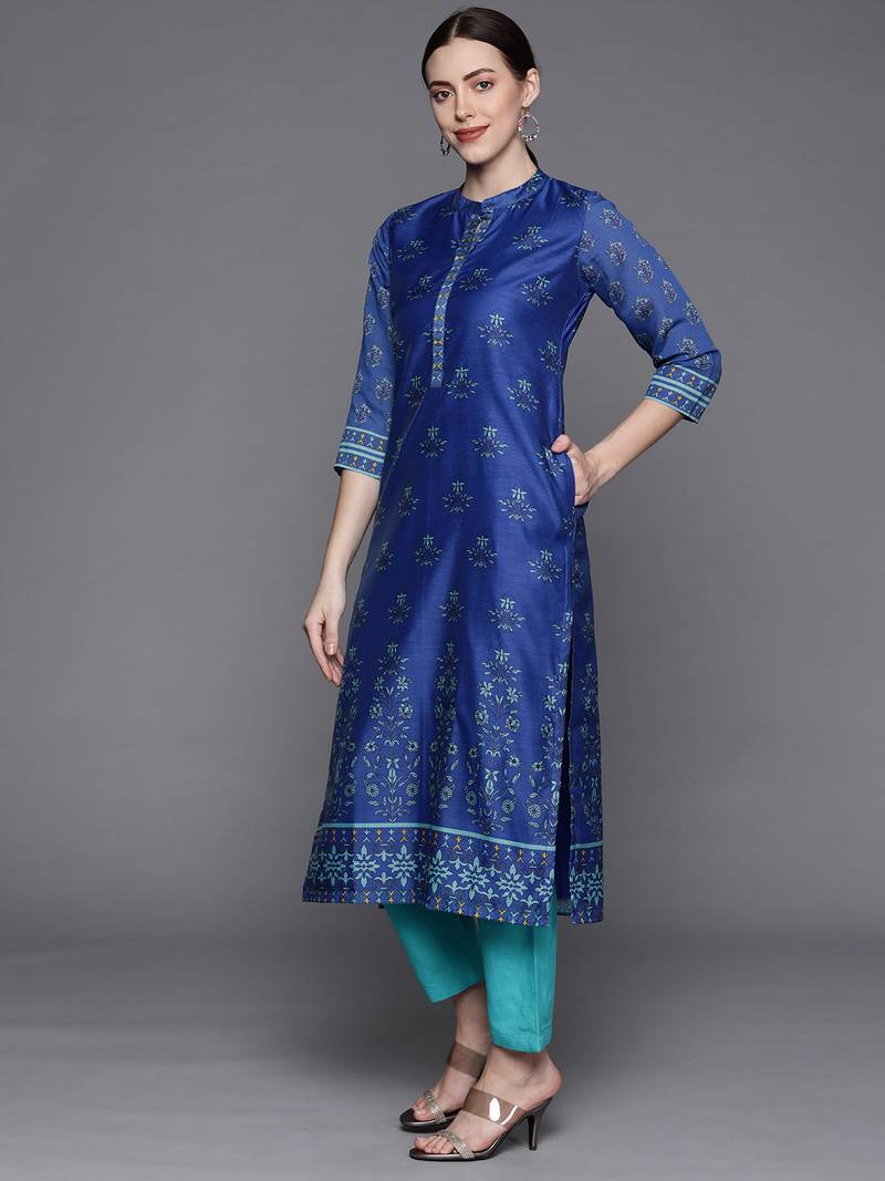 Pinksky Women's Blue Chanderi Kurta Pant Set