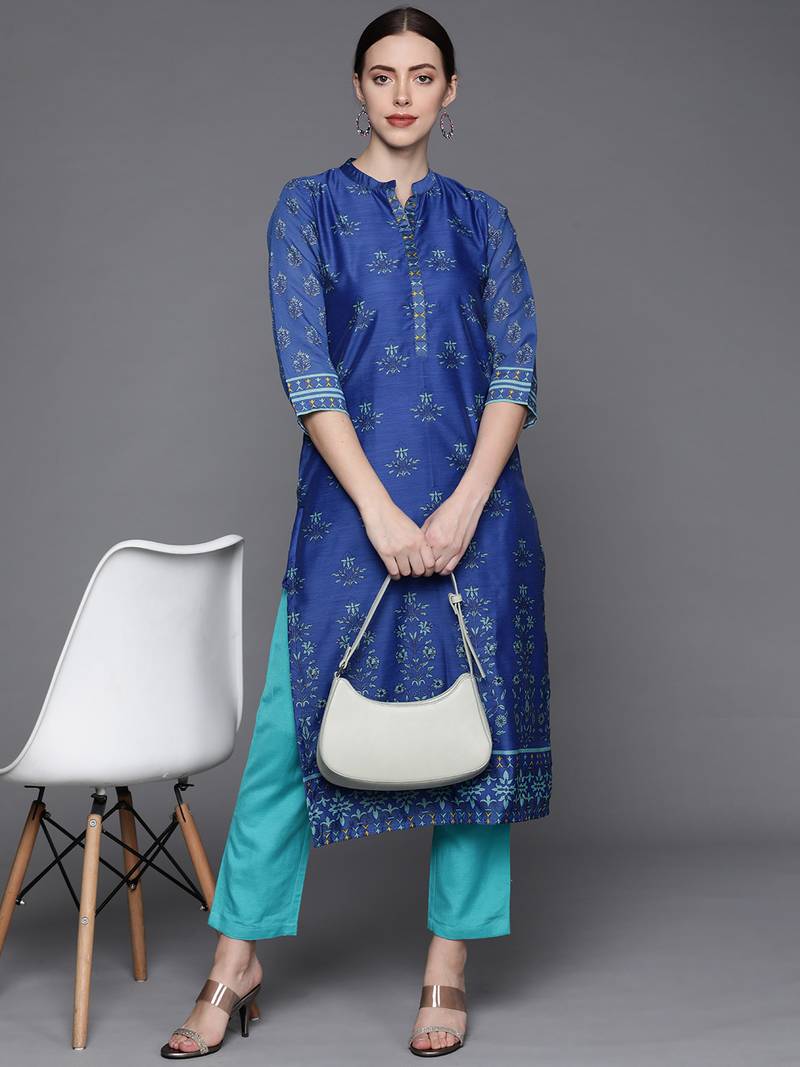 Pinksky Women's Blue Chanderi Kurta Pant Set