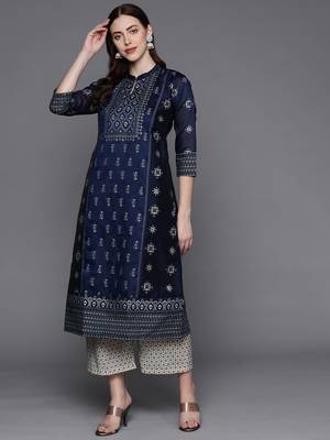 Pinksky Women's Navy Blue Chanderi Kurta Plazo Set 1