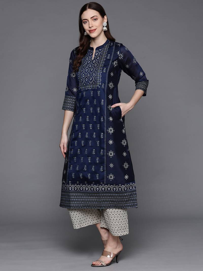 Pinksky Women's Navy Blue Chanderi Kurta Plazo Set