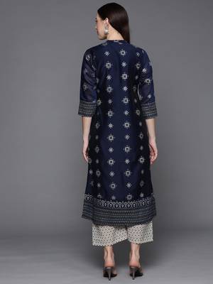 Pinksky Women's Navy Blue Chanderi Kurta Plazo Set 3
