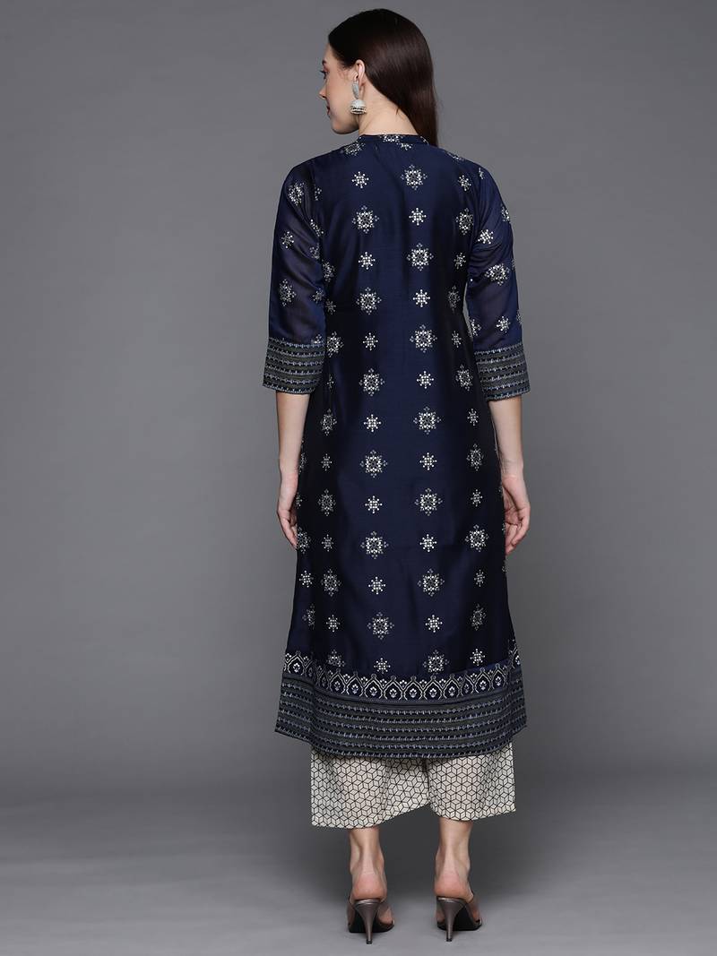 Pinksky Women's Navy Blue Chanderi Kurta Plazo Set
